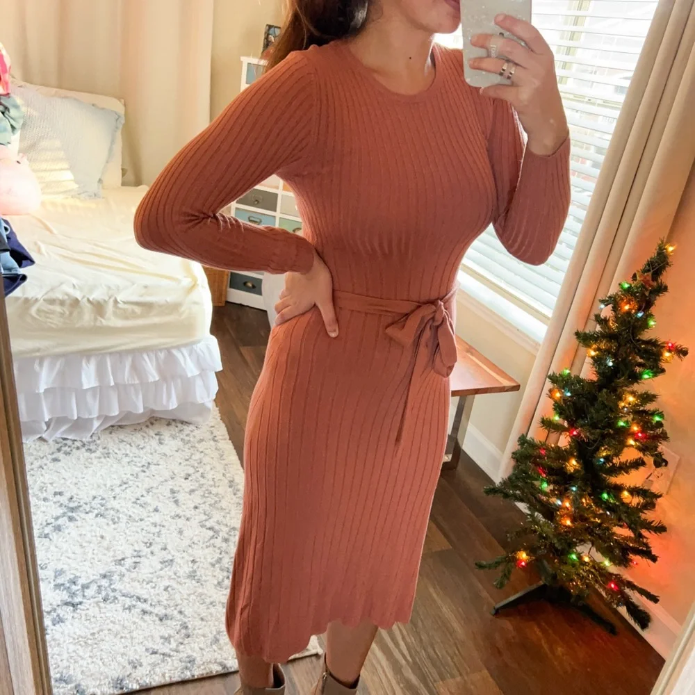 (btq) rust red ribbed long sleeve bodycon tie waist knit midi dress women’s sz M - Picture 6 of 10